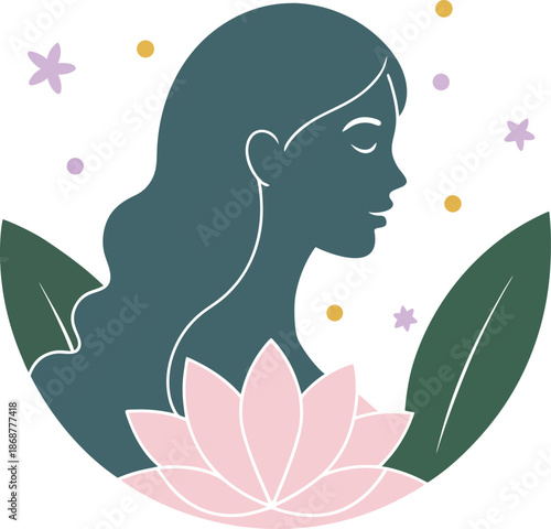 happy woman day vector.Serene Woman's Profile Silhouette Surrounded by Lush Greenery and Delicate Floral Accents