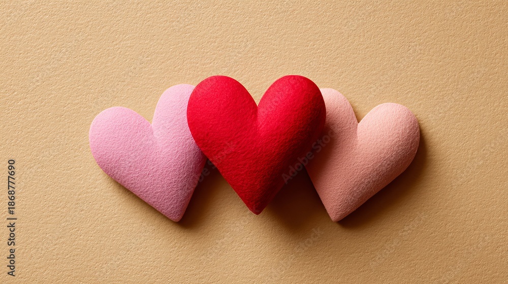 Fototapeta premium Three heart-shaped pillows in pink and red on a beige background