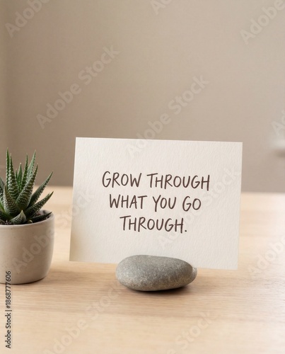 Motivational quote card with succulent and stone on minimalist desk