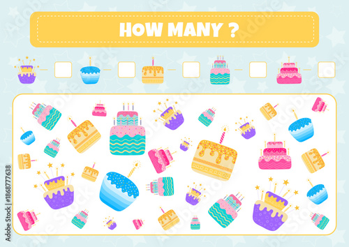I spy game for kids. Birthday theme. Educational matherials. Count objects. How many different cakes. Educational mathematical game with cakes. Count the objects. Vector illustration.