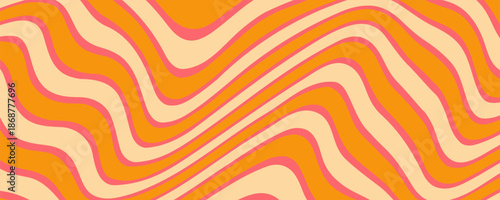 Wavy Swirl Seamless Pattern in Orange and Pink Colors. Hand-Drawn Vector Illustration. Seventies Style, Groovy Background, Wallpaper, Print. Flat Design, Hippie Aesthetic.