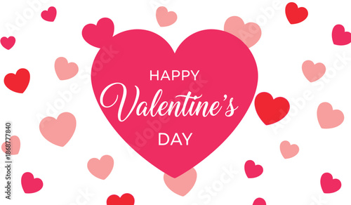Happy valentines day greeting card with pink and red hearts