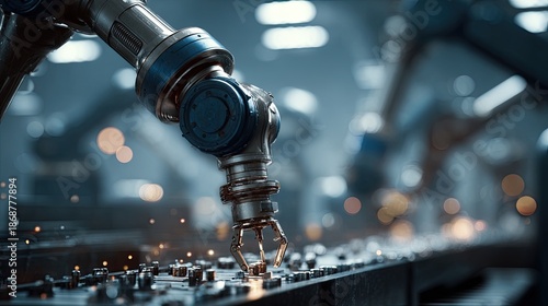 Robotic arm building electronic circuit on assembly line