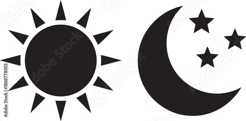 Sun and moon with stars icons representing day and night cycle set