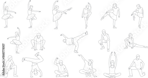 Set of minimalist outline sketches of ballet dancers and street dancers, active people in yoga and breakdance poses, artistic human figures for lifestyle design and architectural rendering.