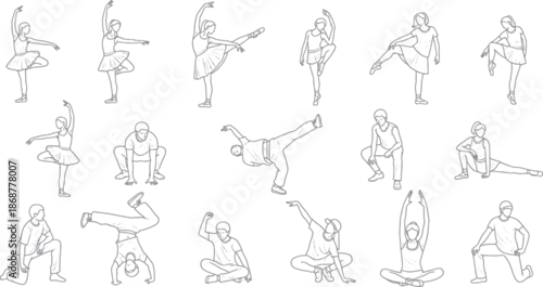 Obraz Set of minimalist outline sketches of ballet dancers and street dancers, active people in yoga and breakdance poses, artistic human figures for lifestyle design and architectural rendering.