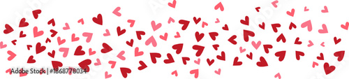 Heart Confetti Background, Love glitter for Valentine's day, Red, pink and rose hearts flying, frame or border for 14 February