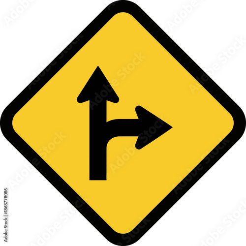Yellow Diamond Road Sign Showing a Fork in the Road with Arrows Pointing Straight Ahead and Right Symbolizing Choices Direction Decision Making and Traffic Navigation
