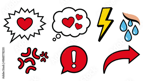 Comic Speech Bubbles and Emotion Icons, Cartoon and Expressive Symbols on White Background, comic speech bubbles, thought bubbles, dialogue cloud, red hearts icon, yellow lightning bolt icon,