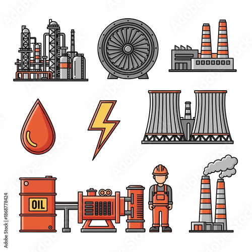 Collection of industrial icons representing energy production and manufacturing processes