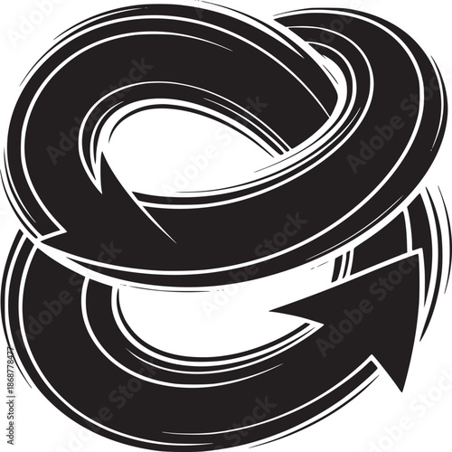 Stylized black and white illustration of two arrows looping around each other in a circular motion