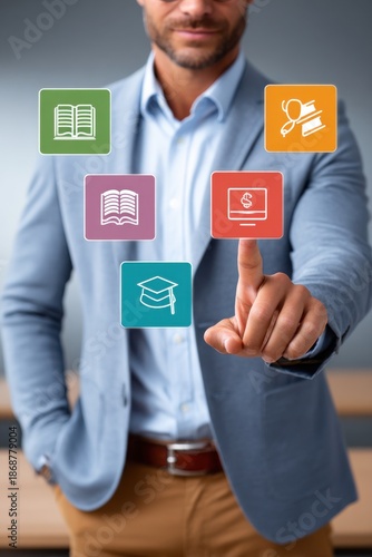 Business professional demonstrates digital education icons and tools for online learning and data-driven training