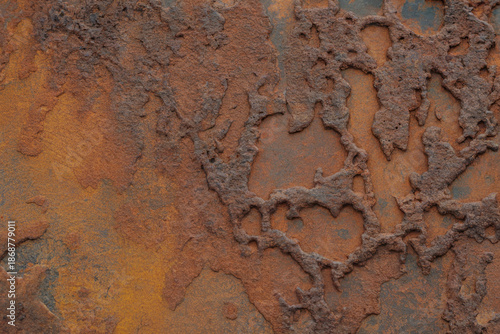 Macro close-up of rusted metal texture with rough corroded surface, showing rich orange and brown tones. Perfect for industrial, construction, grunge, vintage, and abstract backgrounds.