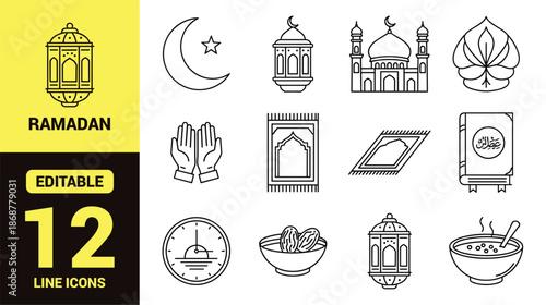 Black line icon set for Ramadan and Islamic culture featuring mosque, crescent moon, prayer, food, charity, and celebration