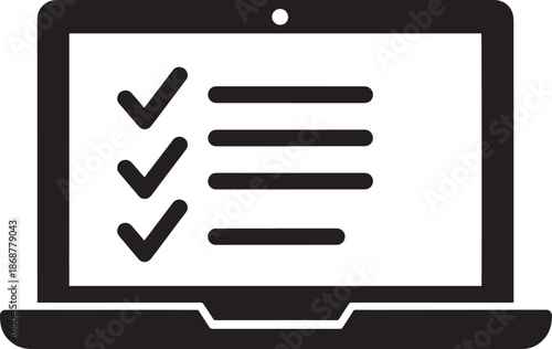 Online survey laptop screen with checklist and marks on display icon