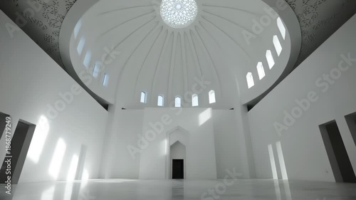 Minimalist interior with a grand dome ceiling, arched doorways, and geometric light patterns reflecting on the polished floor, creating a sense of spaciousness and serenity.