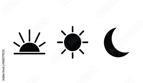 Black and white icons of sun, moon, and sunrise