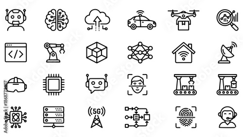 AI & Data Technology Icons Set, Artificial Intelligence, Automation and IoT Symbols, AI icons, artificial intelligence icons, data science icons, automation icons, digital assistant icon, 