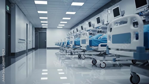 Row of empty hospital beds with monitoring equipment in a modern, sterile corridor