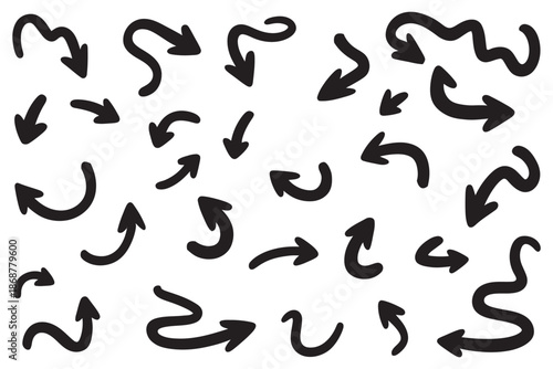 A collection of diverse hand-drawn arrow icons in black and white, representing direction and movement