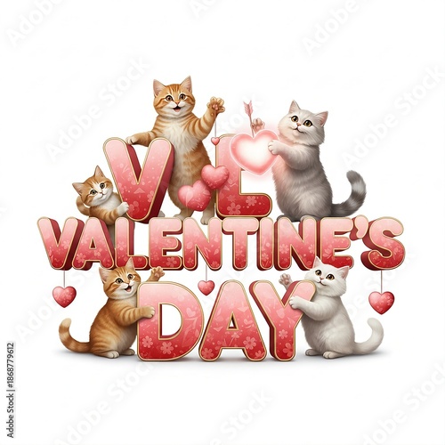 adorable group of cats with red hearts and valentine's day text illustration 