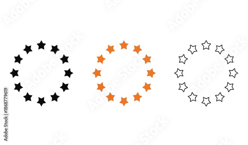 Three circles of stars in black, orange, and white