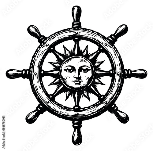 Hand drawn line art illustration of a ship's wheel with a sun face depicting guidance and journey for nautical adventure