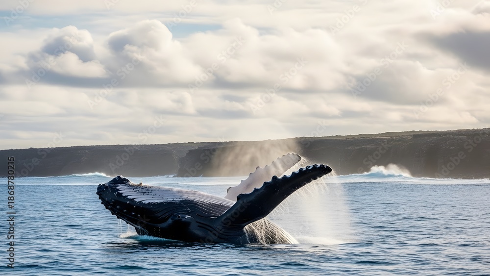 Fototapeta premium Oceanic Majesty: A humpback whale breaches the ocean's surface, a magnificent display of aquatic power and grace against a backdrop of cloudy skies.