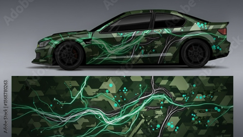 Custom car wrap design featuring a modern camouflage pattern with abstract green and white circuit-like lines and blue dots.