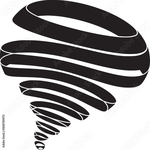 A black and white illustration of a tornado like shape with a spiral design on a white background