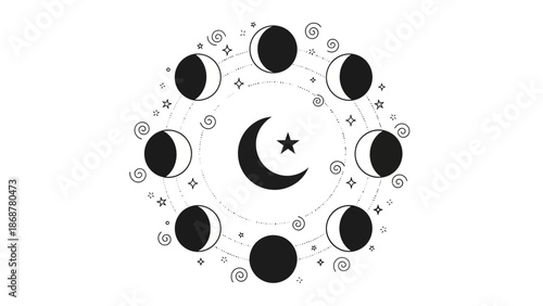 Moon Phases Illustration with Crescent and Star.