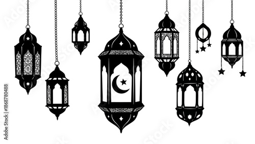 Hanging Lanterns with Crescent Moon Decorations.