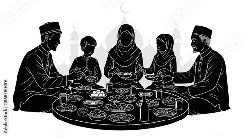Family Gathering for Ramadan Meal Illustration.