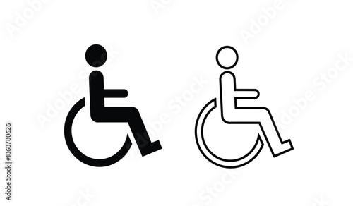 Black and white line icons of people in wheelchairs for accessibility signs and symbols