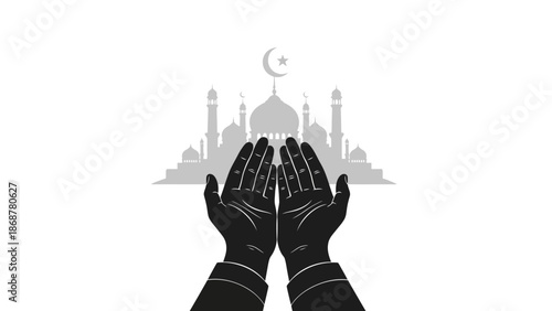 Hands Praying in Front of Mosque Silhouette.