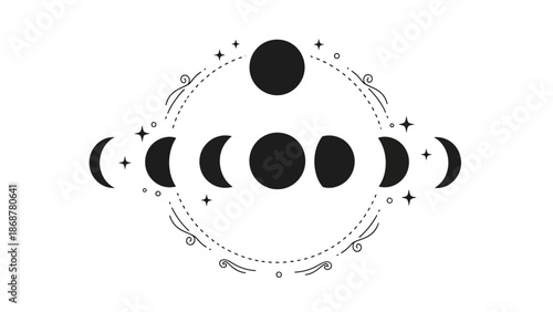 Lunar Phases Illustration in Black and White.