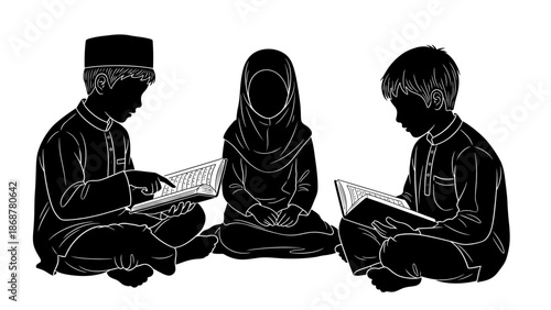 Children Reading Books in Islamic Attire.