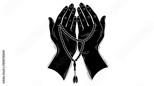 Hands Holding Prayer Beads Silhouette.
