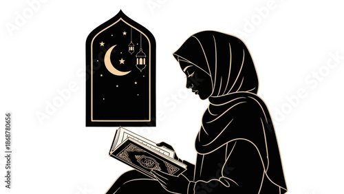 Woman Reading Book Under Crescent Moon.