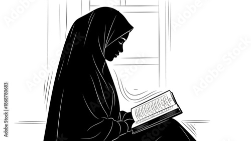 Woman Wearing Hijab Reading Book Silhouette.