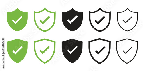 Shield security icons collection, protection and privacy symbols with check mark and lock for cybersecurity safety design applications interfaces branding