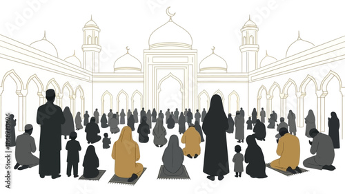 Muslim people praying in mosque illustration.