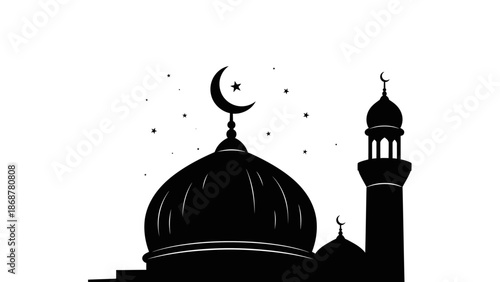 Mosque Silhouette with Crescent Moon Symbol.