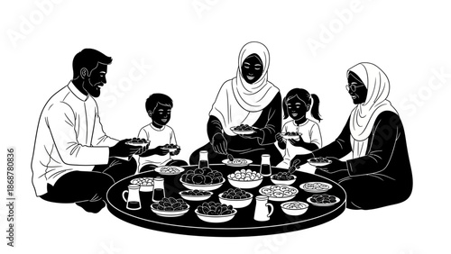 Family Gathering Around Dinner Table Illustration.