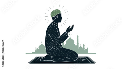 Man Praying on Prayer Mat Silhouette.