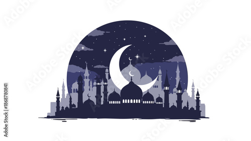 Crescent Moon Night Sky Cityscape Silhouette.