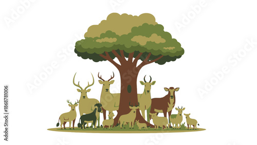 Diverse Wild Animals Under a Tree, wildlife habitat and conservation, forest landscape.