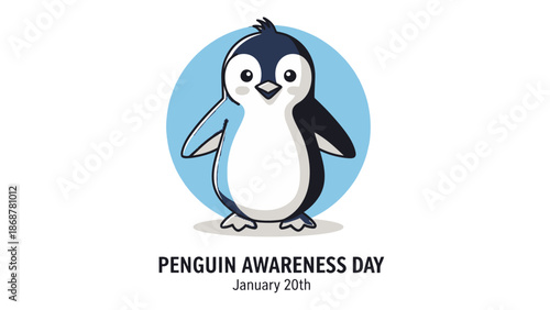 Cute Cartoon Penguin in Blue Circle Celebrating Penguin Awareness Day on January 20th