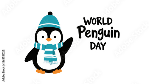 Happy Cartoon Penguin Waving in Winter Hat and Scarf for World Penguin Day, Isolated White Background