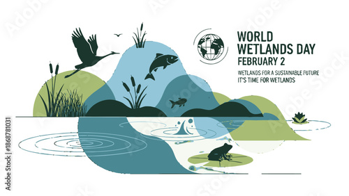 World Wetlands Day illustration with serene wetland landscape, flying goose, frog, fish, and lily pads, isolated white background.